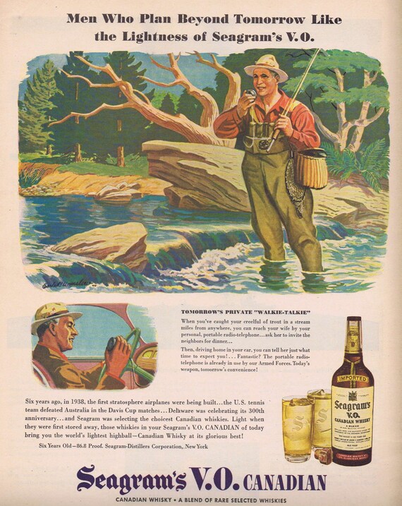 1945 Seagram’s V.O. Canadian Whiskey Private Walkie-Talkie Fisherman Original Vintage Advertisement with Art by Bill Heming