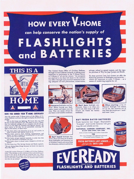 1942 WW2 How Every V-Home Can Conserve Flashlights and Batteries by Eveready or Macmillan Ring-Free Motor Oil Original Vintage Ad