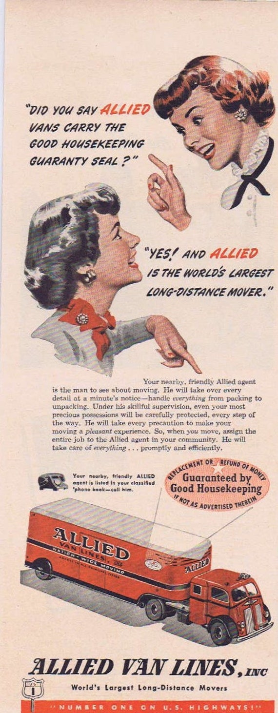 1949 Allied Van Lines Long-Distance Movers or National Board of Fire Underwriters with Hints for Home Safety Original Vintage Advertisement