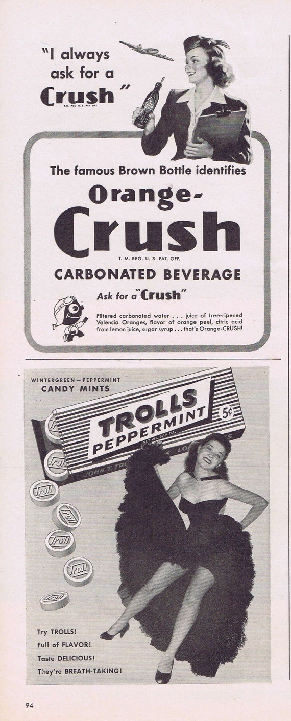 1946 Orange Crush with Flight Attendant, Trolls Peppermint Candy Mints or Pullman Train Original Vintage Advertisement