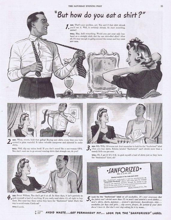 1944 Sanforized Label Men’s Shirts Original Vintage Advertisement with Neat Information about Avoiding Waste and Getting a Permanent Fit
