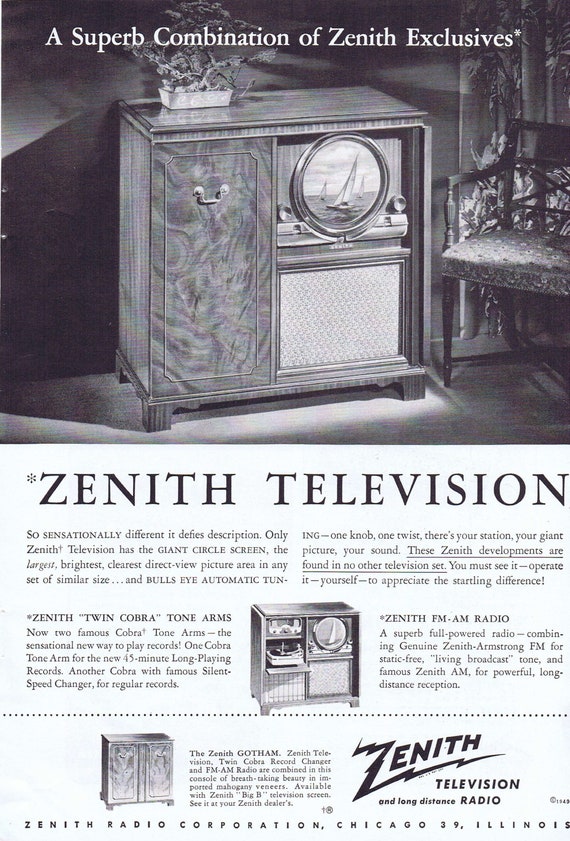 Old Zenith Television and Twin Cobra Record Player 1949 Ad
