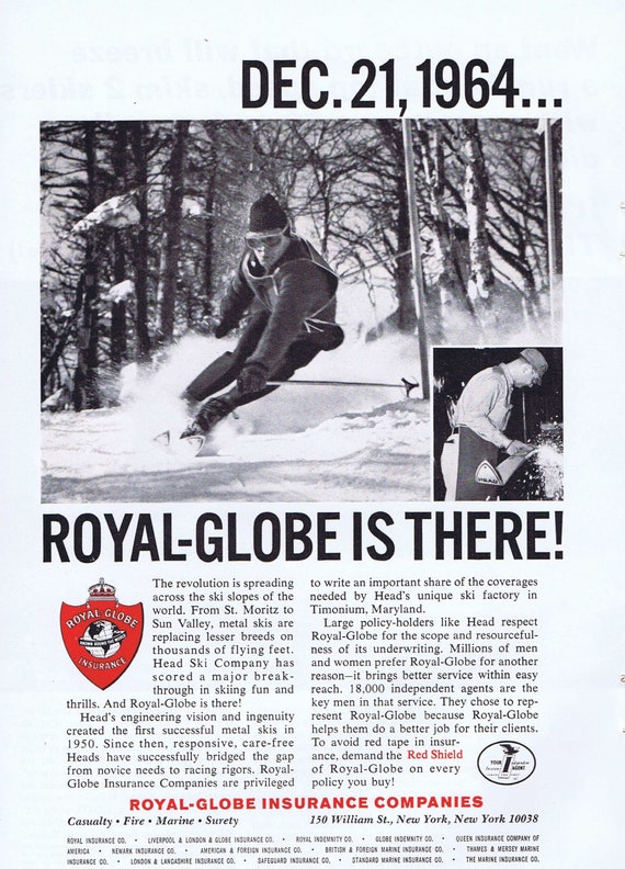 1965 Head’s Metal Snow Skis and Royal-Globe Red Shield Insurance or Johnson Outboard Boat Motors Original Vintage Advertisement