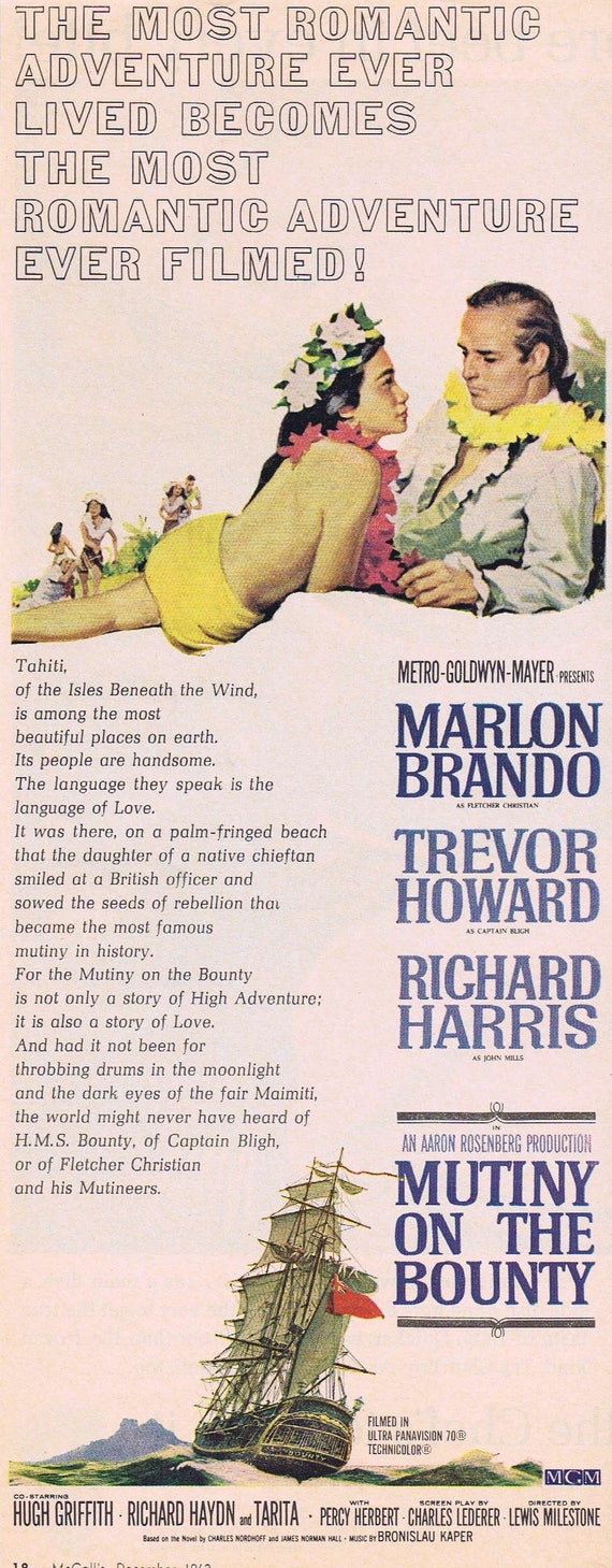 Mutiny on the Bounty Original 1962 Epic Historical Drama Vintage Movie Ad with marlon Brando, Trevor Howard and Richard Harris