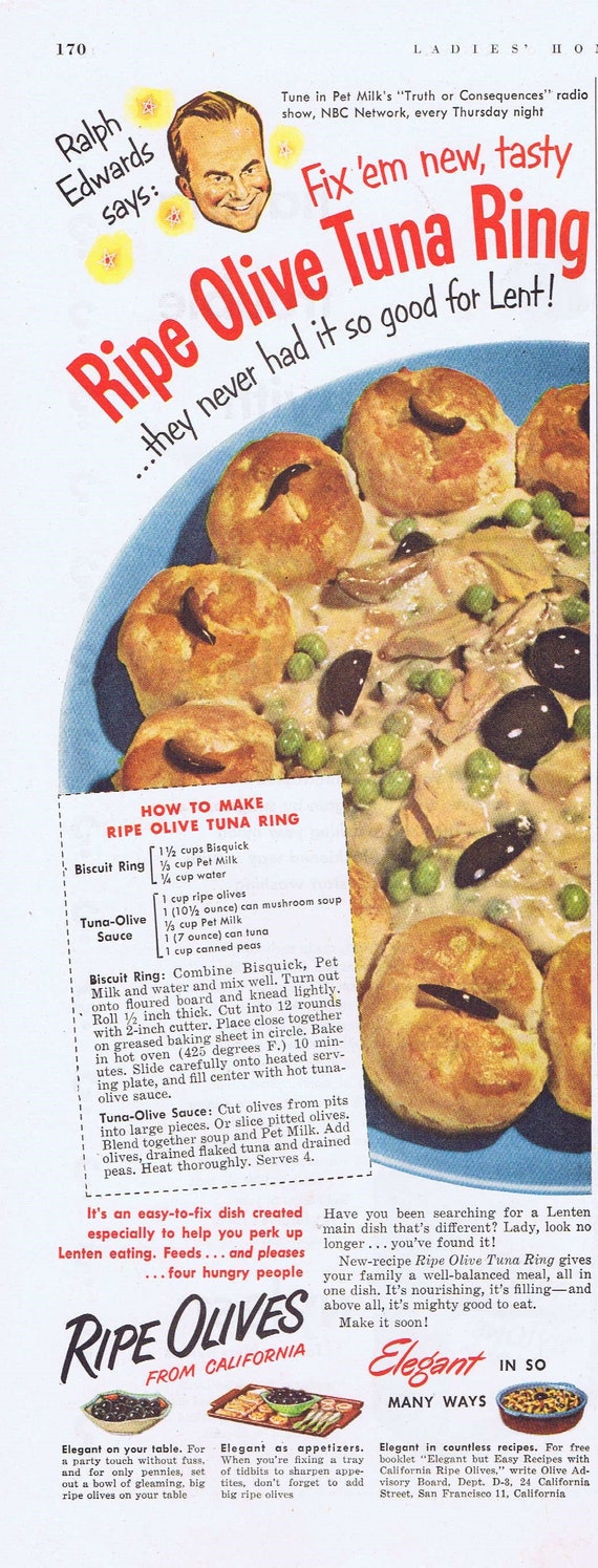 1953 Ralph Edwards and Ripe Olive Tuna Ring Recipe or Nylast Nylons Original Vintage Advertisement