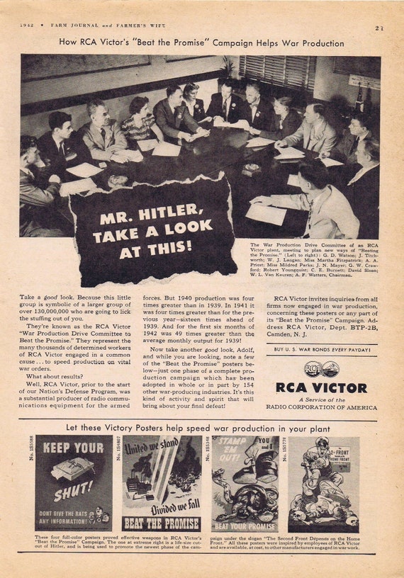 1942 WW2 Era RCA Beat the Promise Campaign to Help War Production Original Vintage Salute and Advertisement with Victory Posters