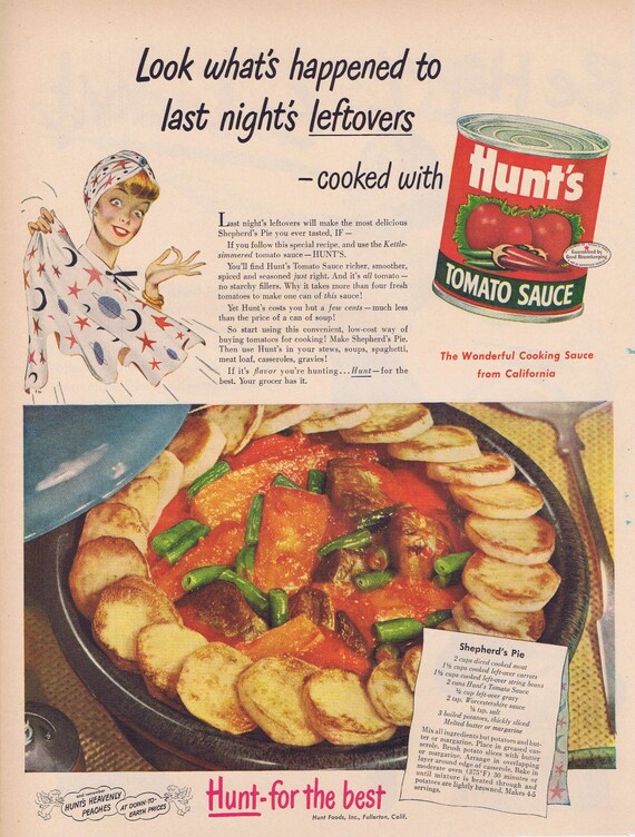 1951 Hunt’s Tomato Sauce and Shepherd’s Pie Recipe or Pretty Dancing Girl & Miss Shamrock Irish Lucky Strike Cigarettes Original Vintage Ad