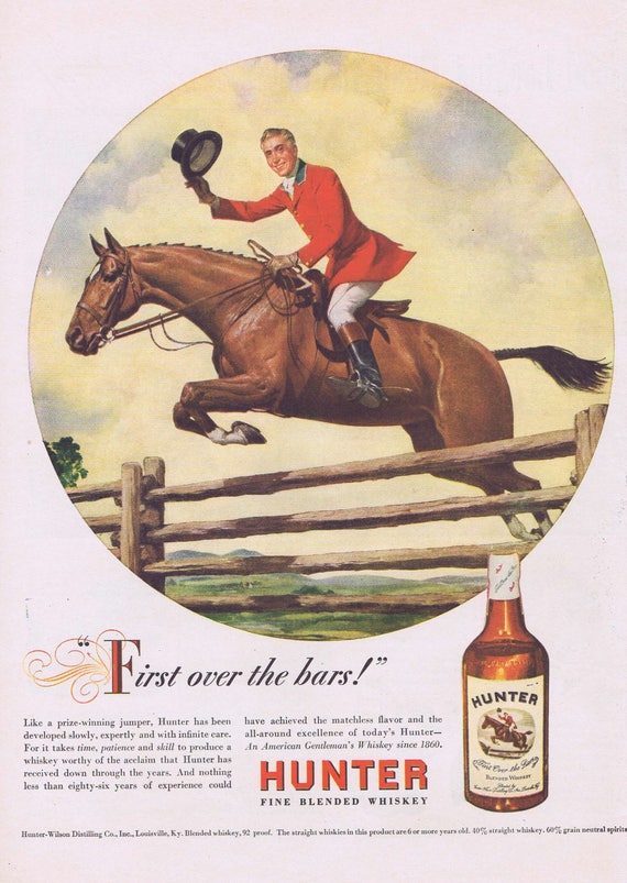 1946 Hunter Whiskey with Equestrianism Horse Riding or Can Manufacturers Institute Good Eating Food Original Vintage Advertisement