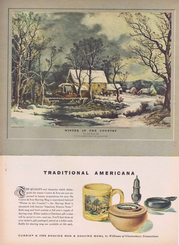 1946 Currier & Ives Shaving Mug and Shaving Bowl Original Vintage Advertisement with “Winter in the Country,” the Old Grist Mill Drawing