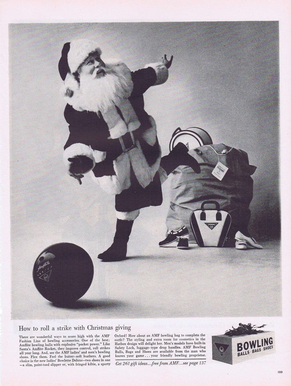 1961 Santa Claus AMF Bowling Balls, Bags and Shoes and AMF Roadmaster Bicycles Original Vintage Christmas Advertisement