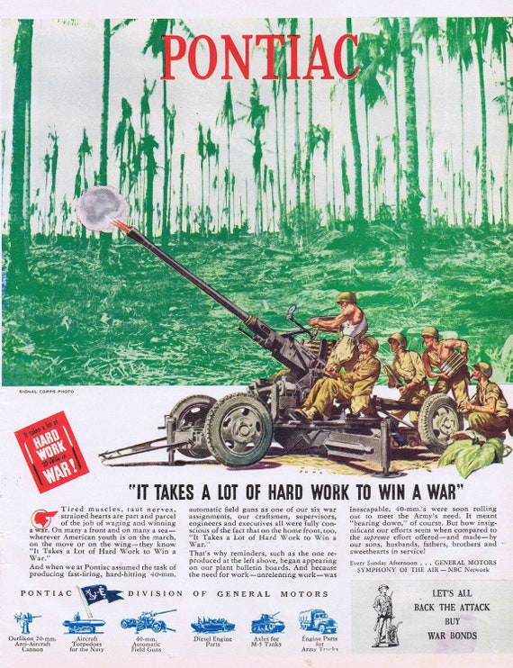 1944 WW2 Battle Action Drawing Win the War by Pontiac or Peter Ilich Tchaikovsky and Nicholas Rubenstein Magnavox Original Vintage Ad