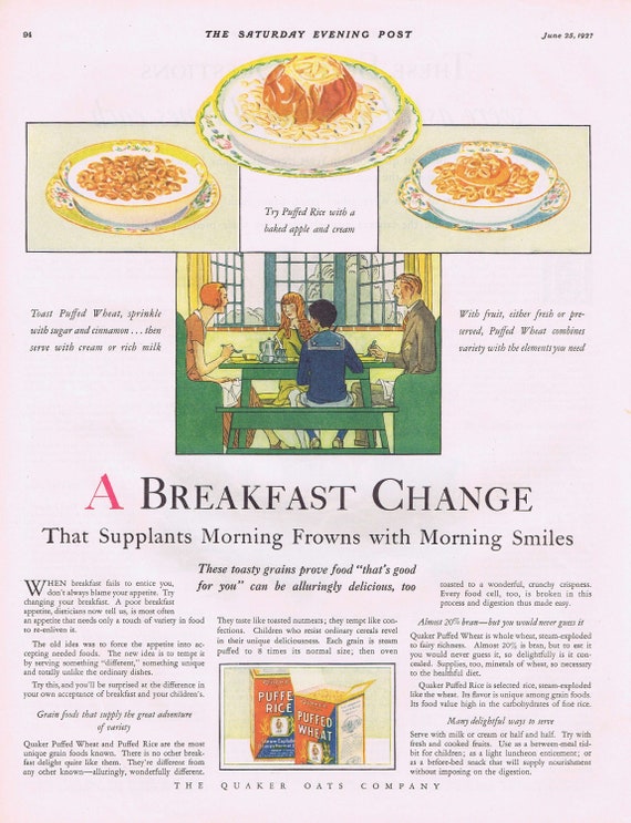 1927 Quaker Puffed Rice and Puffed Wheat Breakfast Change Original Vintage Advertisement Free Shipping