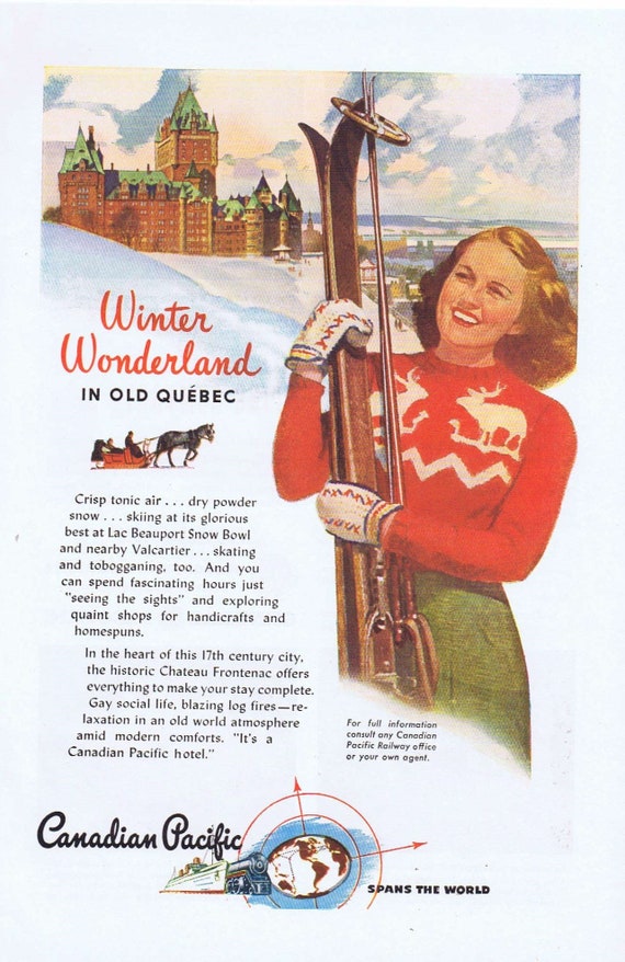 1946 Winter Wonderland in Old Quebec on Canadian Pacific Railways or General Electric Automatic Blankets for Christmas Original Ad