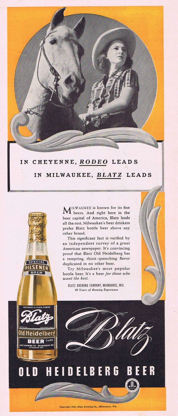 1940 Blatz Old Heidelberg Beer with Cowgirl and Horse or Hickok Gabardine Belts Original Vintage Advertisements