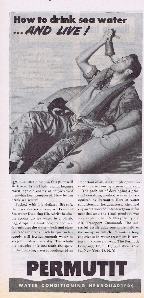 1944 WWII Soldier at Sea Permutit Sea-Water Desalting Kit or Hammermill Bond Paper Original Vintage Advertisement