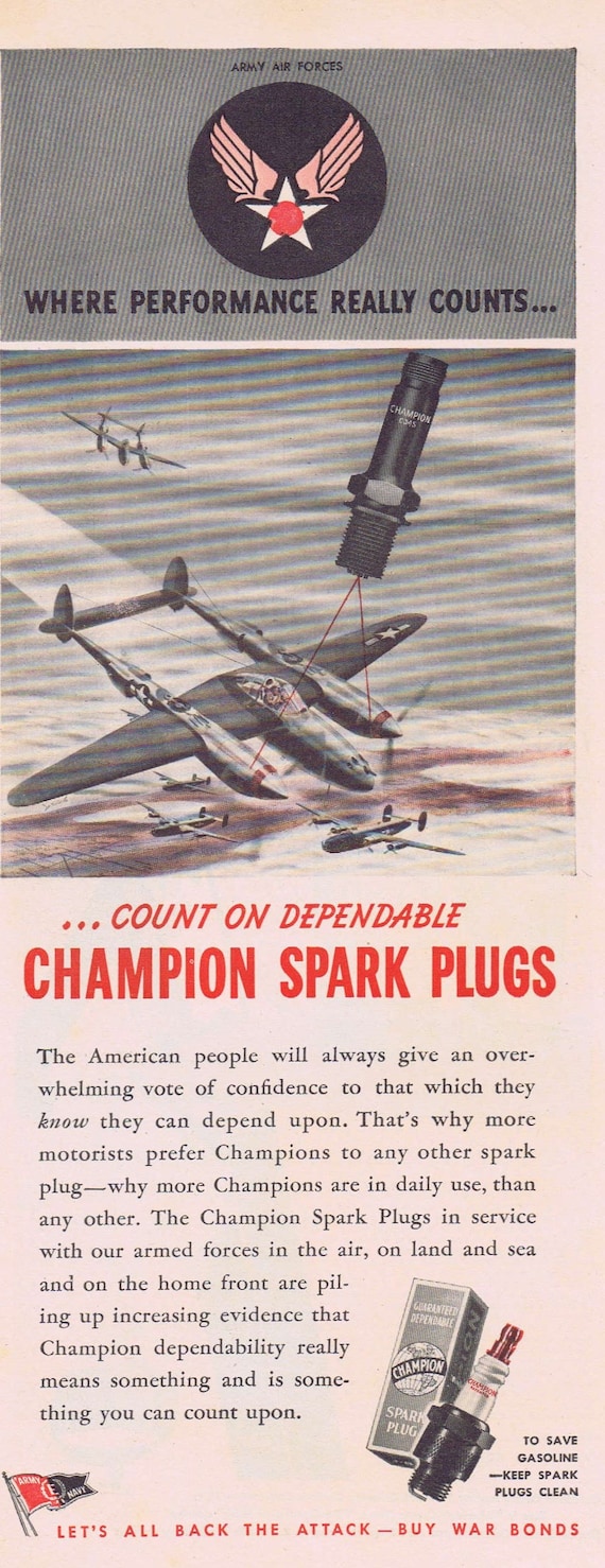 1944 WW2 Army Air Forces Champion Spark Plugs Original Vintage Advertisement with Military Plane Art