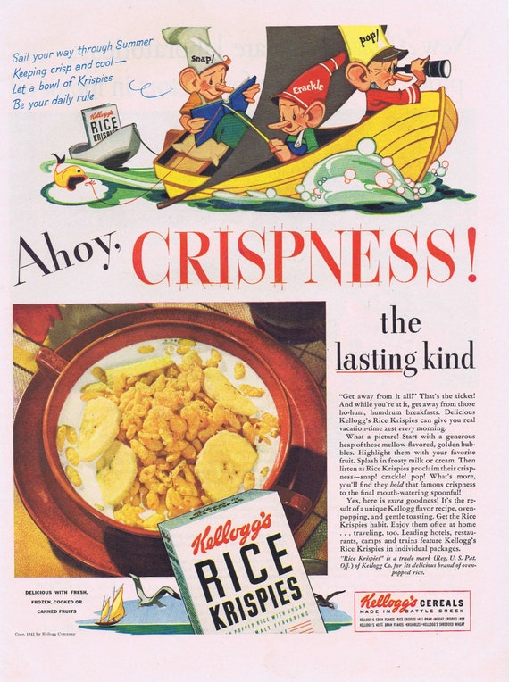 Kellogg’s Rice Krispies Cereal Old Ad with Neat Cartoon Art
