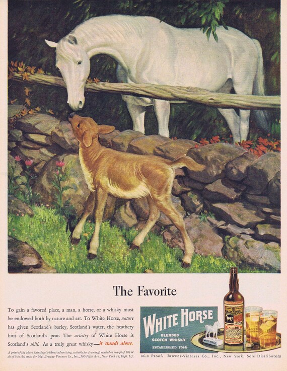 1947 White Horse Scotch Whisky Original Vintage Advertisement with Beautiful White Horse and Deer Foal