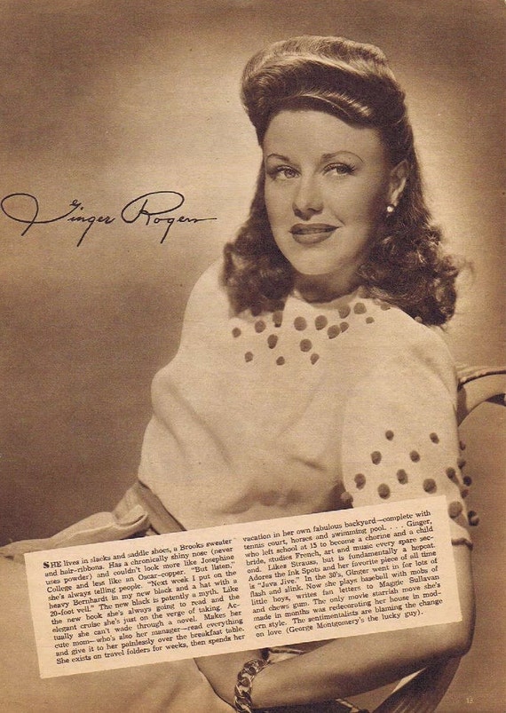 Beautiful Ginger Rogers 1942 sepia movie picture with autograph copy and Movie News