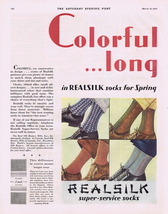 1930 Men’s Realsilk Super-Service Socks Original Vintage Advertisement