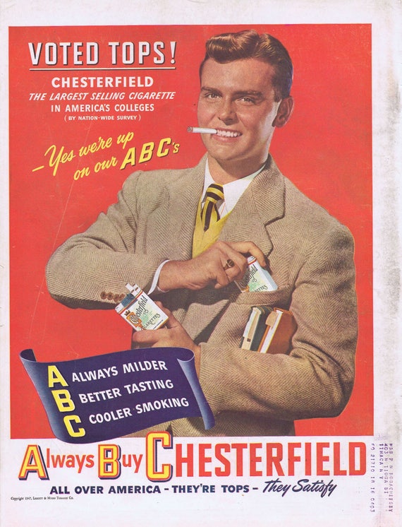 1947 Chesterfield Cigarettes Cool College Guy or Three Feathers  Whiskey Original Vintage Advertisement