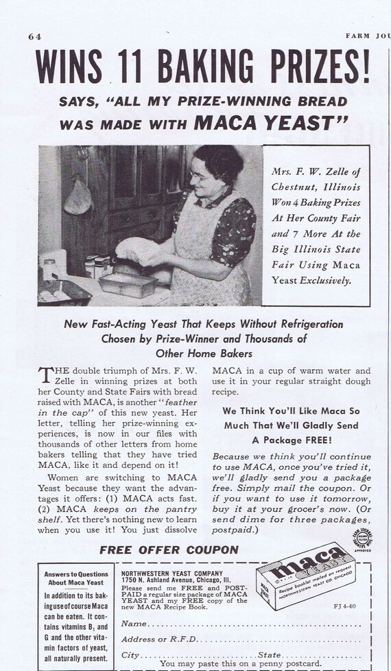 Maca Cooking Yeast 1940 Original Vintage Advertisement with Mrs. Zelle