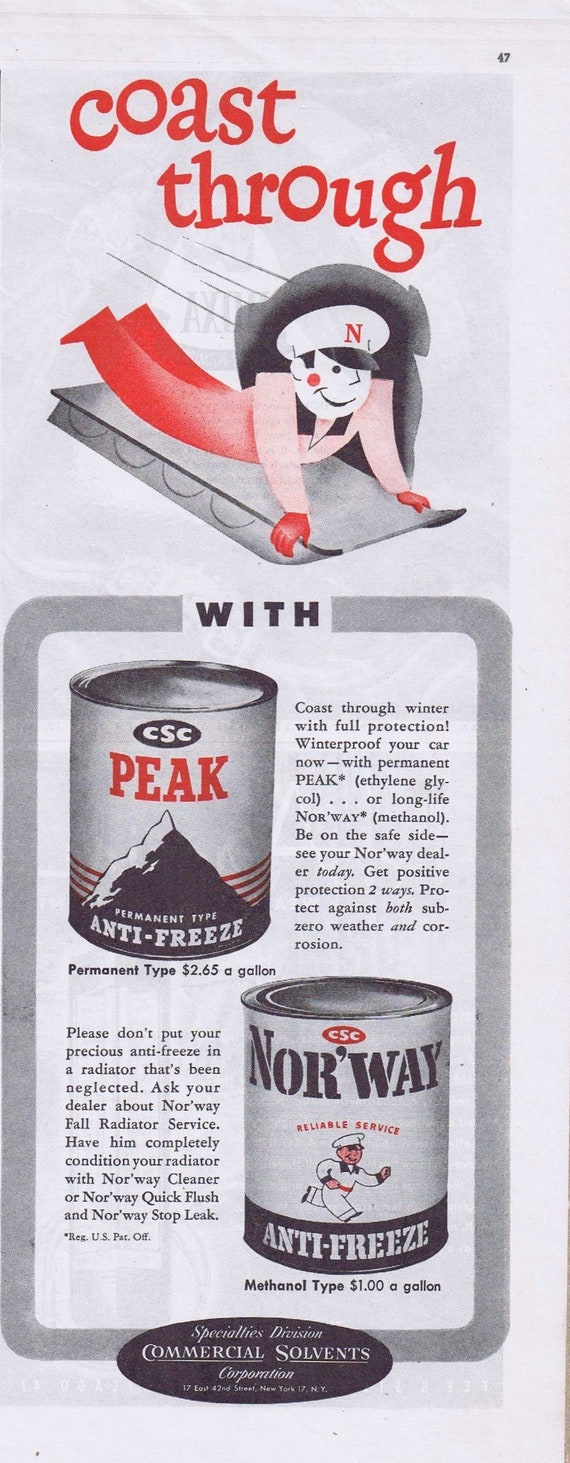 1946 Commercial Solvents Peak and Nor’way Anti-Freeze Protection Original Vintage Advertisement