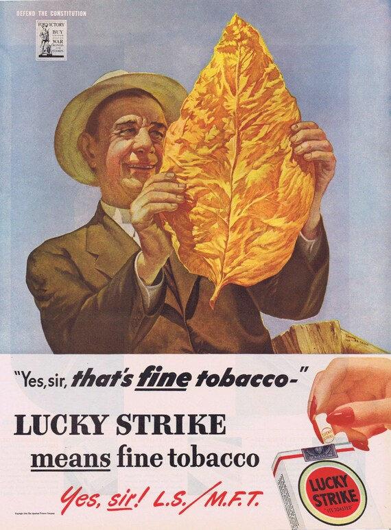 1944 WW2 Era Lucky Strike Huge Tobacco Leaf Original Vintage Advertisement Buy War Bonds Defend the Constitution