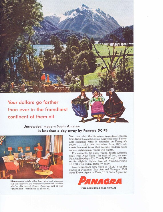 1957 Panagra Pan American Grace Airways Original Vintage Ad to South America on DC-7B