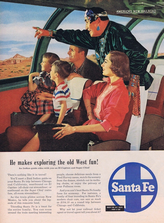 1956 Santa Fe Railroad with Native American Guide Original Vintage Advertisement Great Family Train Photo