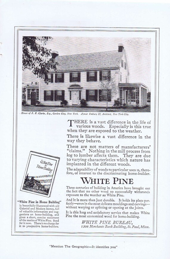 1919 White Pine Wood Original Vintage Advertisement with Home of F. P. Clarke of Garden City New York