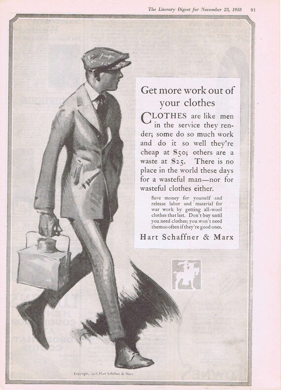 Hart Schaffner & Marx 1918 Men’s Clothing  Save for the WWI War Effort Original Vintage Ad