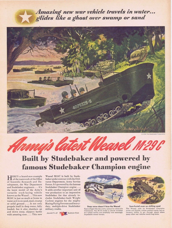 1944 WW2 M-29C Weasel Army Track Vehicle Original Vintage Advertisement with Studebaker Champion Engine