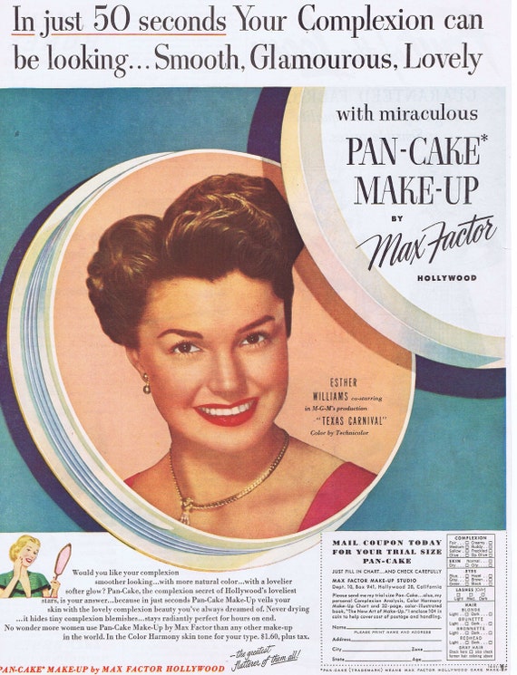 Beautiful Esther Williams and Max Factor Pan-Cake Make-Up 1951 Large Original Vintage Advertisement