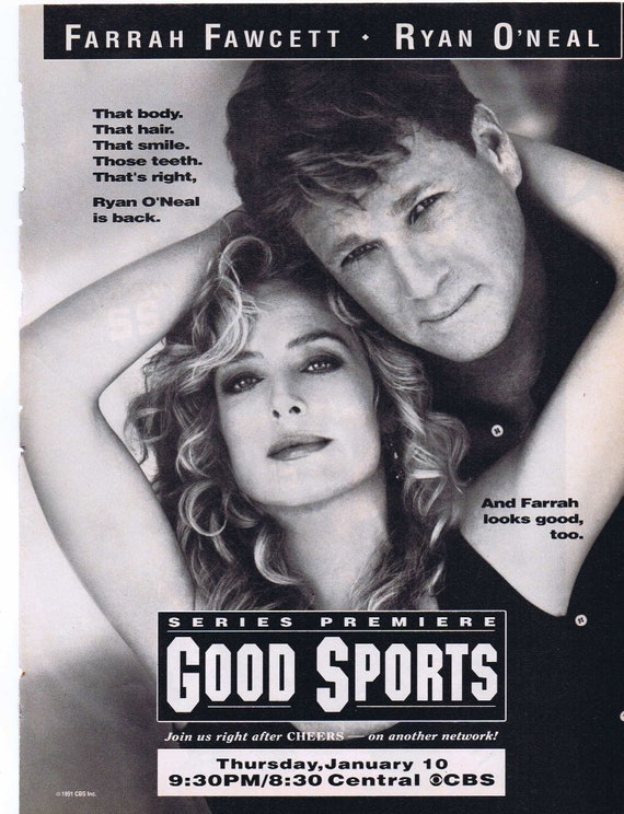 Good Sports 1991 CBS Television Series Advertisement with Farrah Fawcett and Ryan O’Neal