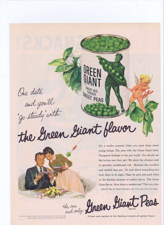 1956 Green Giant Peas Valentine Cupid’s Arrow Original Food Vintage Advertisement