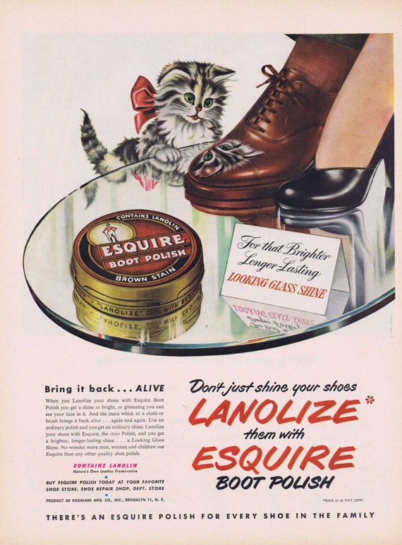 1949 Esquire Shoe and Boot Polish Original Vintage Advertisement with Cute Kitten