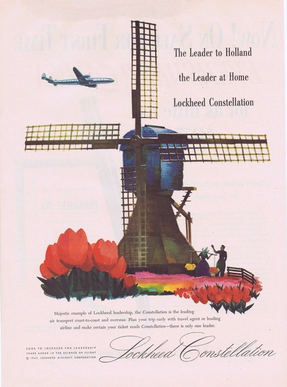 1947 Lockheed Constellation Aircraft Overseas to Holland Original Vintage Advertisement