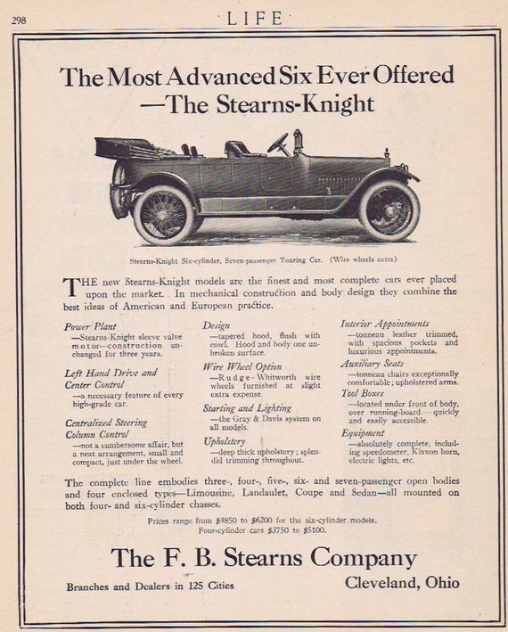 1912 Sterns-Knight Six-Cylinder Seven-Passenger Touring Car Original Advertisement