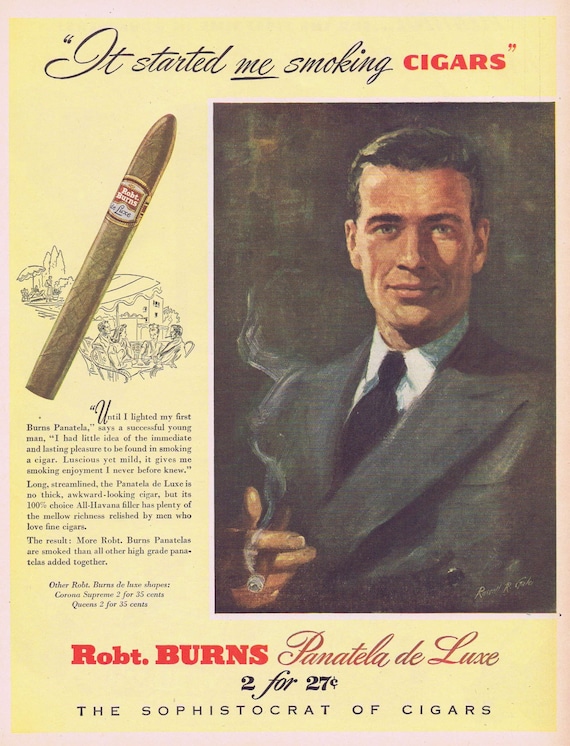 1947 Robt. Burns Panatela de Luxe Cigars Original Vintage Advertisement with Classic Cool Guy Art