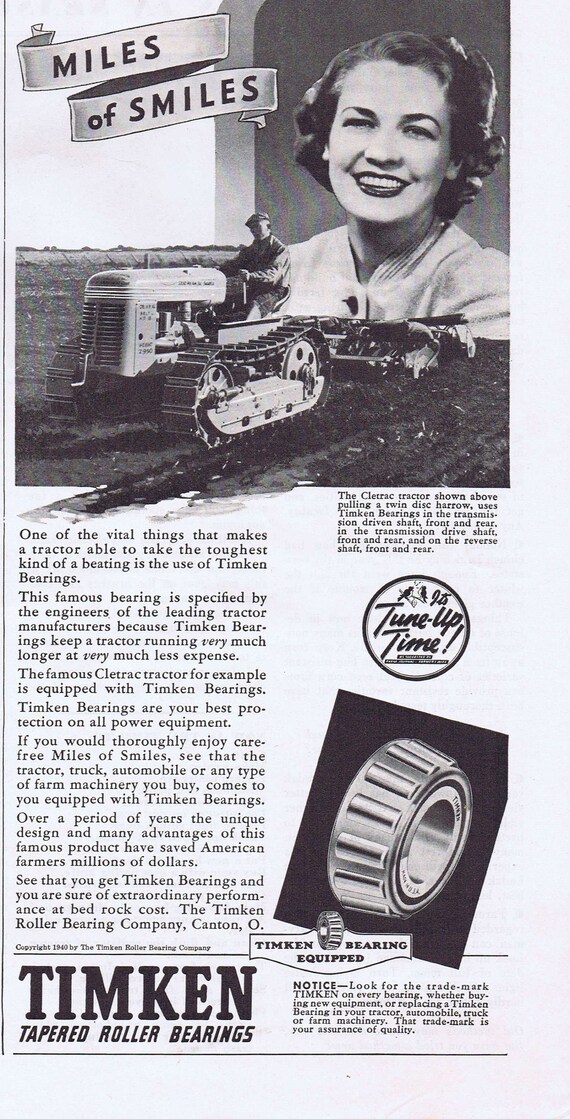 1940 Timken Tapered Roller Bearings  Original Vintage Farm Advertisement