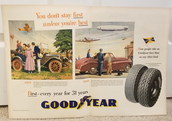 1946 Goodyear Tires 31 Year Unique Double Page Original Vintage Advertisement