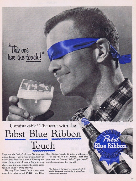 1956 Pabst Blue Ribbon Beer Blind Taste Test Original Vintage Advertisement