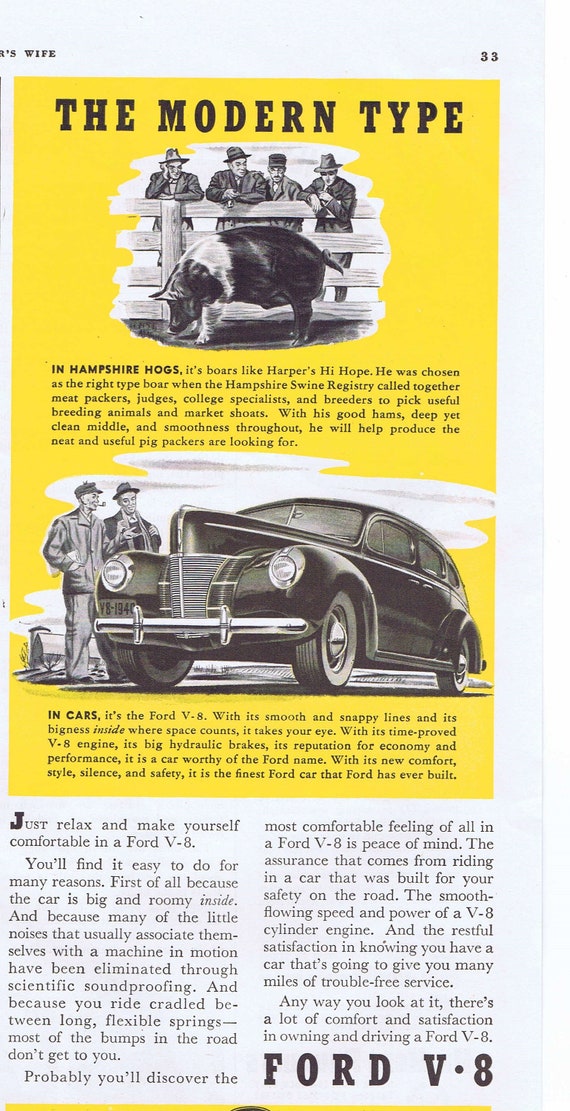 1940 Farmers and Ford V-8 Original Vintage Automobile Advertisement with Harper’s Hi Hope Hampshire Boar Hog