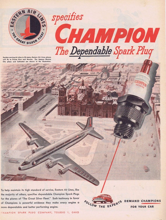 1946 Eastern Airlines Great Silver Fleet and Champion Spark Plugs Original Vintage Advertisement Mexico City Plaza and Cathedral Art