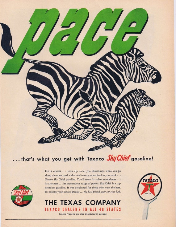 1949 Texaco Sky Chief Gasoline with Zebras  or Milliken Women’s Woolens Original Vintage Advertisement