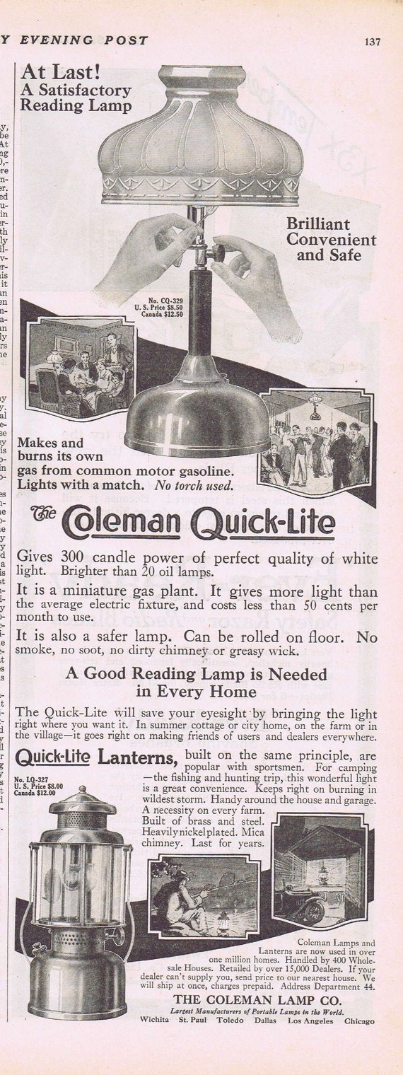 1919 Coleman Quick-Lite Lamp and Lanterns or Every-Ready Shaving Blades and Brushes Original Vintage Advertisement