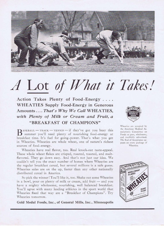 1936 Wheaties Breakfast of Champions Old Time Baseball PIcture  Original Vintage Advertisement