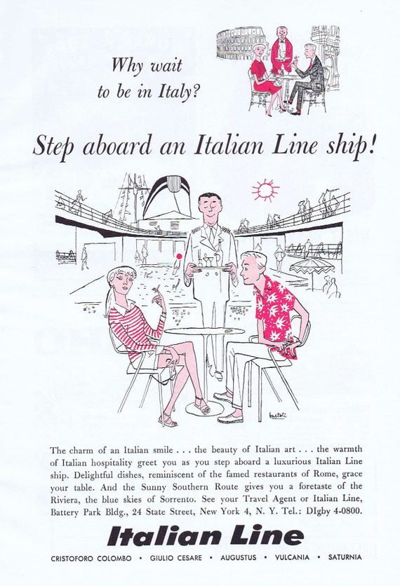 1957 Italian Cruise Lines Original Vintage Advertisement with Neat Art