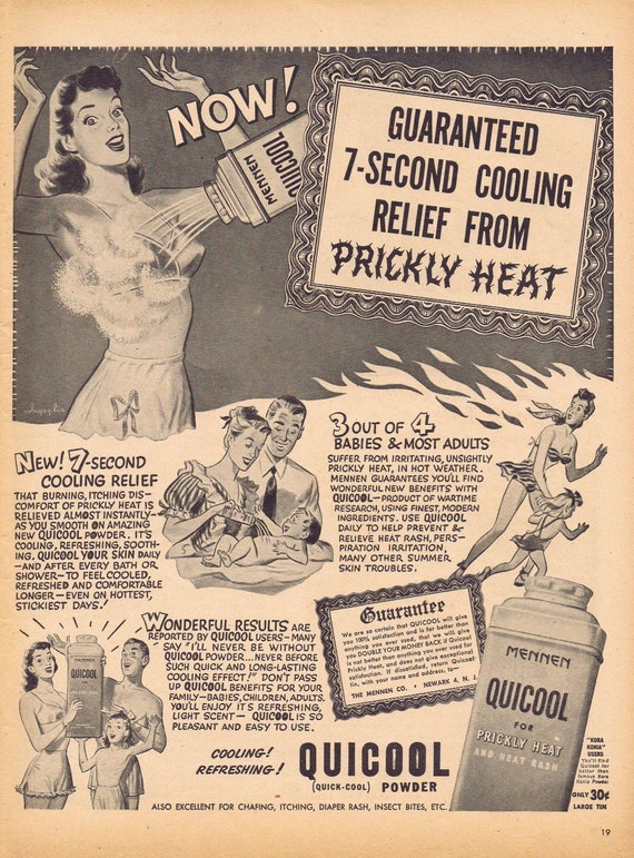 1946 Mennen Quicool for Prickly Heat and Heat Rash or Polident for Denture Breath Original Vintage Advertisement